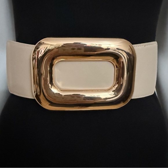 Accessories - Beige PU leather elastic waistband belt with gold tone rectangle buckle